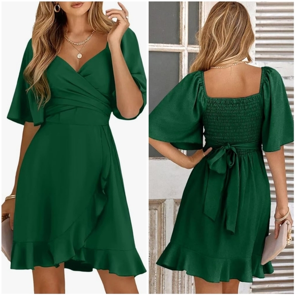 NWT Dokotoo Green V Wrap Tie Ruffle Short Flutter Sleeve Cocktail Mini Dress L - Picture 14 of 15